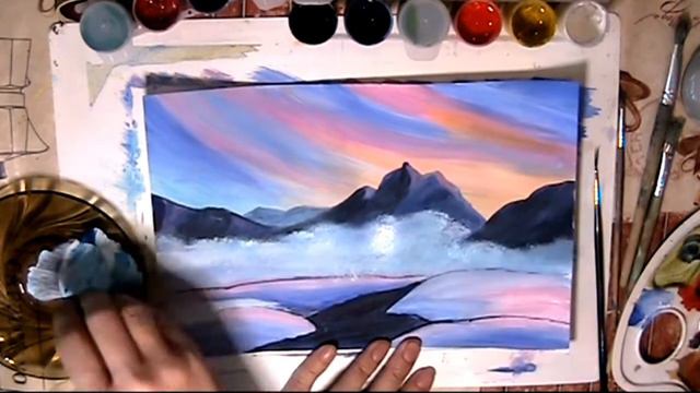 Зимний пейзаж. Розовый закат в горах. Зима. смотреть онлайн