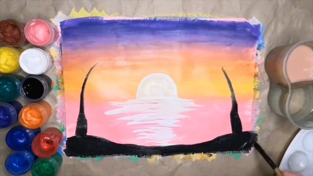 как нарисовать ночной пейзаж с пальмами /простой рисунок гуашью смотреть онлайн