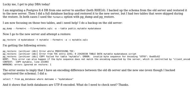 Databases: Postgres pg_restore error: invalid byte sequence for encoding "UTF8": 0xe05c62 смотреть онлайн
