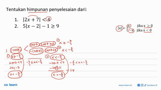 Tentukan himpunan penyelesaian dari:1. |2 x+7|﹤4 2. 5|x-2|-1 ﹥= 9 смотреть онлайн