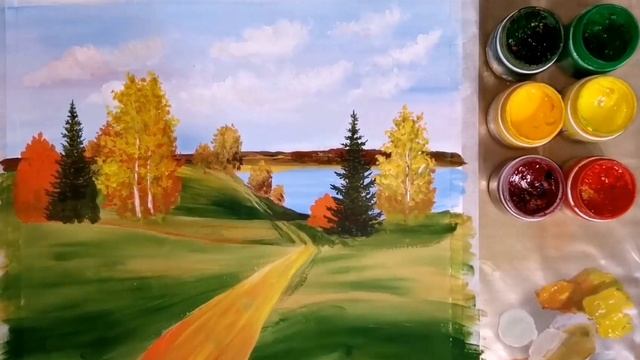 Осенний пейзаж гуашью. смотреть онлайн