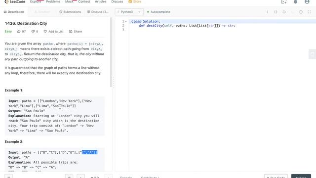 Leetcode 1436. Destination City Python Solutions смотреть онлайн