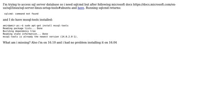 Ubuntu: sqlcmd not available after installing mssql-tools смотреть онлайн