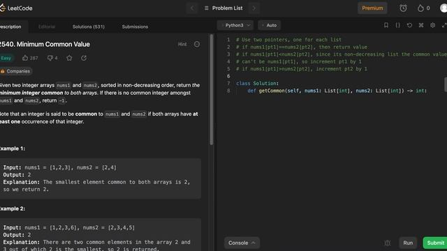 2540. Minimum Common Value | Leetcode | Approach and code | Python смотреть онлайн