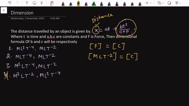 The distance travelled by an object is given by x= at + bt2/c+F where t is time and a,b,c constants смотреть онлайн