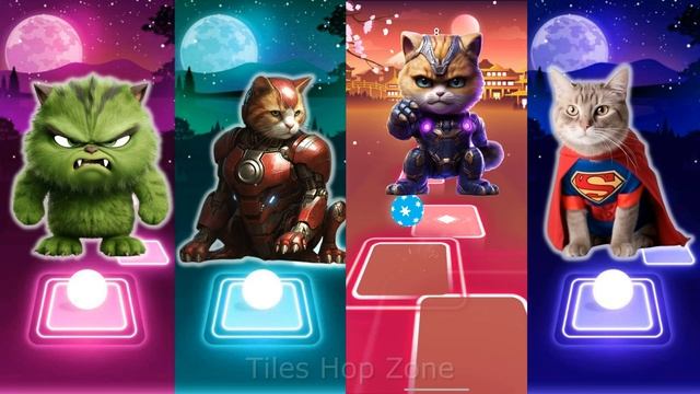 MidJourney, Cute Cat Hulk Vs Cute Iron Cat Vs Cute Cat Thanos Vs Cute Super Cat, Tiles Hop Zone
