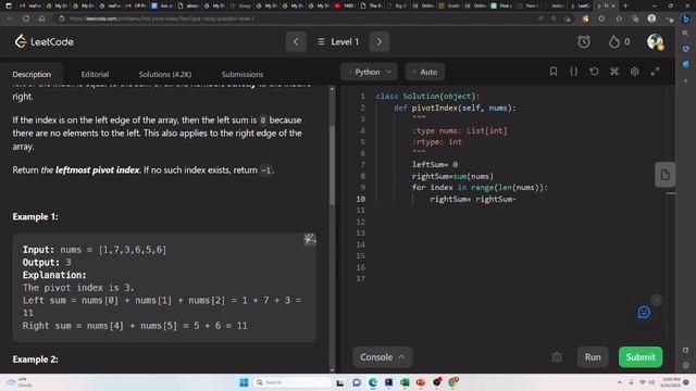Leetcode 724 … Finding the pivot Index in an array using python смотреть онлайн