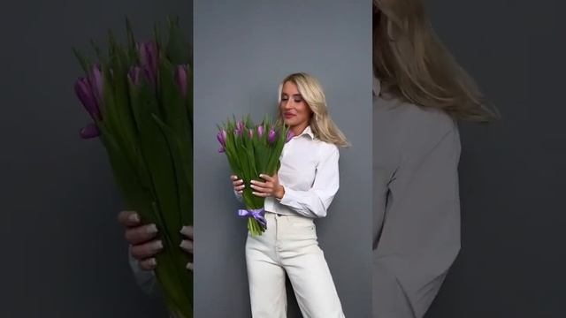 Букет из 25 сиреневых тюльпанов (Фортресс) на ленте смотреть онлайн