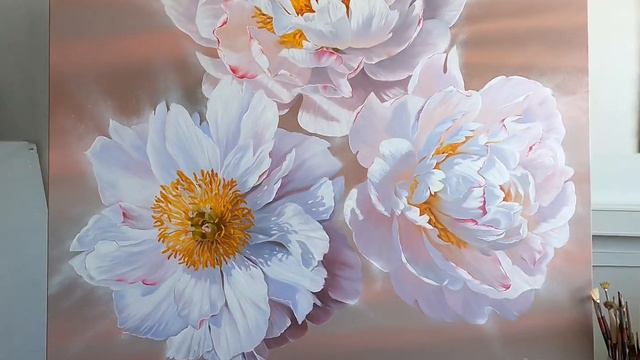 Glowing peonies. Oil painting on canvas. 130 x 130 cm. смотреть онлайн