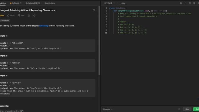 Leetcode Problem 3: Longest Substring Without Repeating Characters смотреть онлайн