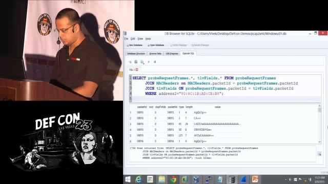 DEF CON 23 - Packet Capture Village - Vivek Ramachandran - 80211 Monitoring with PCAP2XML - SQLite смотреть онлайн