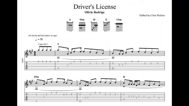 Olivia Rodrigo: Drivers License With Tablature/sheet Music For Solo Fingerstyle Guitar