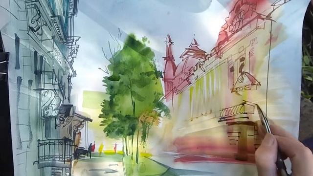 Городская зарисовка Акварель UrbanSketch Watercolor DEMO (ускорено) 20.07.2022