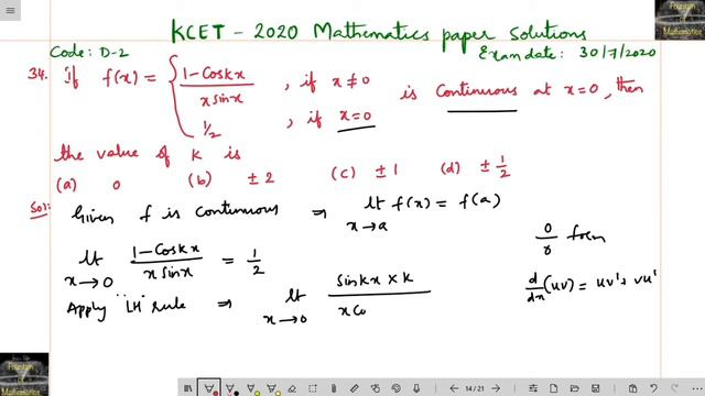 If f(x)= (1-cos Kx / xsinx) is continuous at x=0 then the value of K is смотреть онлайн