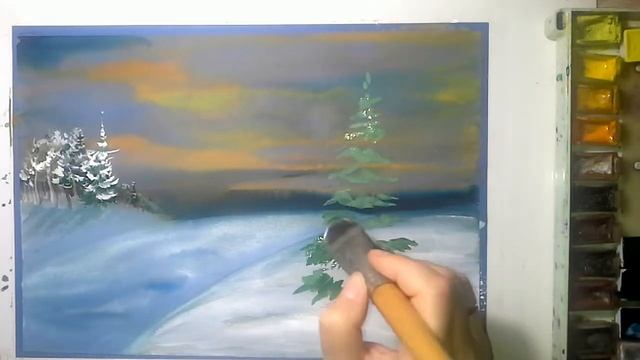 Зимний пейзаж учимся рисовать акварелью. Winter landscape learning to paint in watercolor. смотреть онлайн