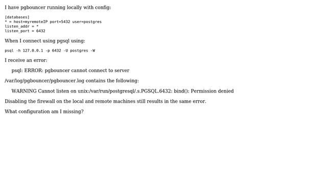 Databases: pgbouncer bind(): Permission denied смотреть онлайн