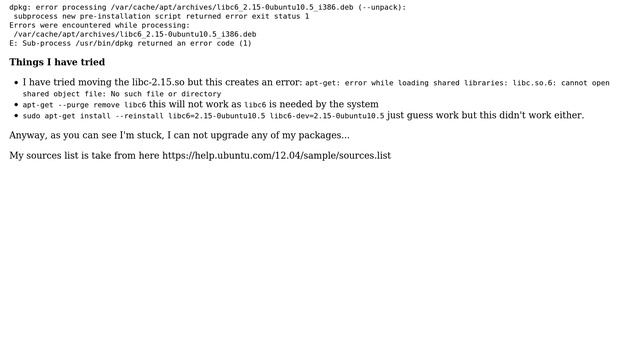 Ubuntu: libc6 : Depends: libc-bin (= 2.15-0ubuntu10) but 2.15-0ubuntu10.5 is installed смотреть онлайн