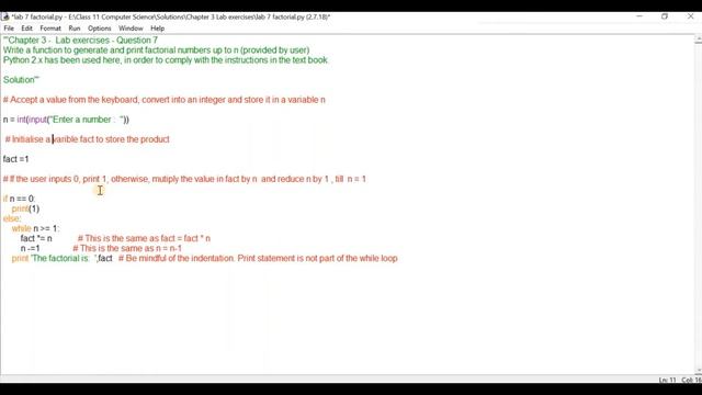 CBSE : Python code for Factorial: To generate and print factorial up to n (provided by user). смотреть онлайн