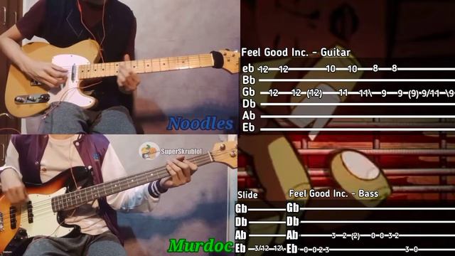 Gorillaz - Feel Good Inc. Guitar & Bass COVER (w/ tutorial tabs) Noodles&Murdoc parts смотреть онлайн
