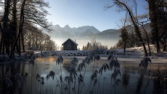 Картинка зима. Утро, домик, горы, деревья. Gambar mangsa. Pagi, omah, gunung, lan wit смотреть онлайн