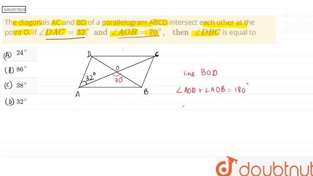 The diagonals AC and BD of a parallelogram ABCD intersect each other at the point O. If angleDAC... смотреть онлайн