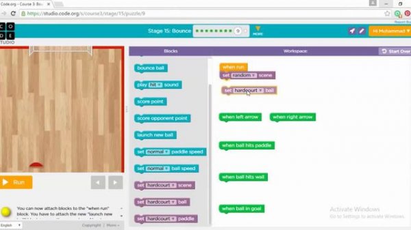 Code.org Course 3, Stage 15 'Bounce'