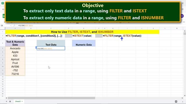 Google Sheets FILTER, ISTEXT, ISNUMBER Functions | Extract only Text or Numeric Data | Tutorial смотреть онлайн