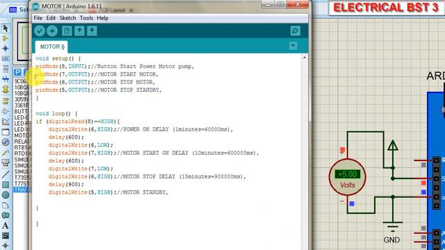 How To Write Code Arduino Control Motor Start Forward Auto On Proteus 8/part 4,//ELECTRICAL BST 3