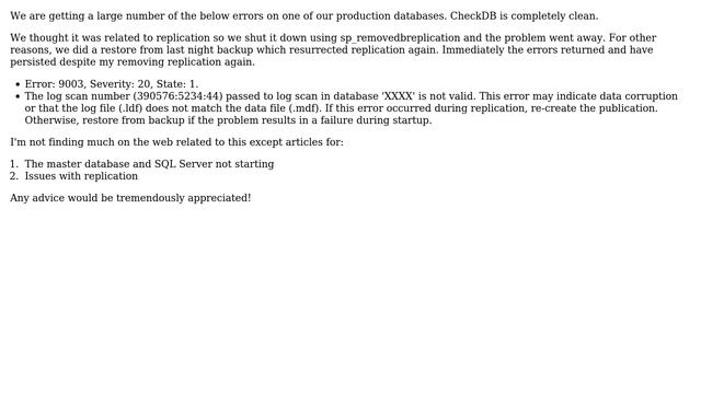 SQL Server: Invalid Log Scan Number (...) passed to log scan in database (...) is not valid смотреть онлайн