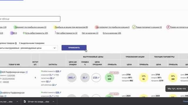 Расчет акций Wildberries в TOPSELLER PROTOOLS