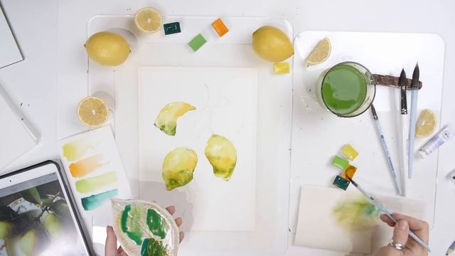 Рисуем поэтапно лимоны акварельными красками 