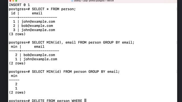 Удаление дубликатов email | Практика по SQL смотреть онлайн