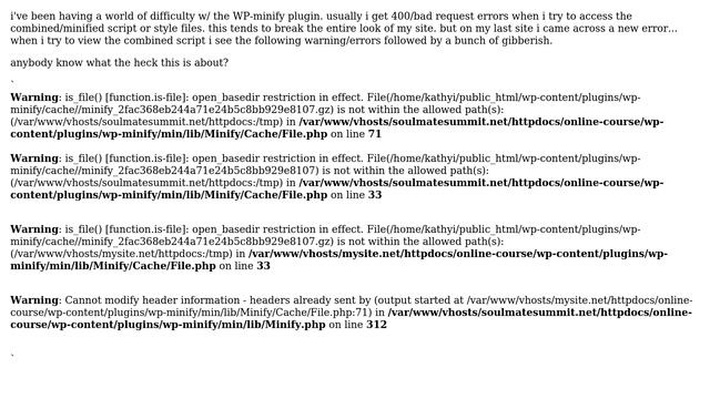 Wordpress: WP-Minify 400 errors and open_basedir restriction in effect смотреть онлайн