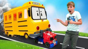 Видео про машинки и робот Оптимус Прайм в Автомастерской. Школьный автобус и Робокары в ремонте!