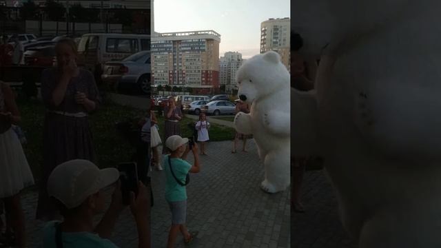 Поздравление большого белого медведя. Аэромедведь. Минск. Поздравление с днем рождения у кафе.