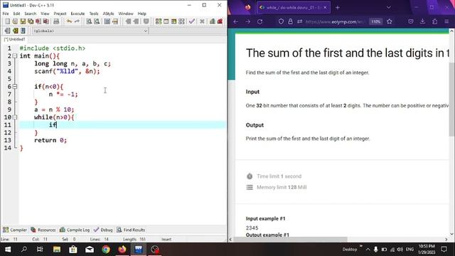 "The sum of the first and last digit in the number" in C programming language. #Eolymp problem 1606 смотреть онлайн