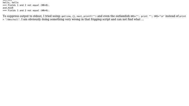 Unix & Linux: How to prevent printing to stdout from an awk \*\*script\*\* (not from cli)? смотреть онлайн