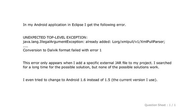 Android : "Conversion to Dalvik format failed with error 1" on external JAR смотреть онлайн