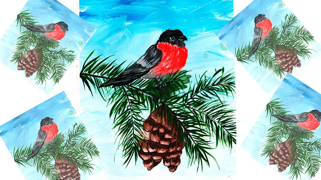 Как нарисовать снегиря на еловой ветке. Рисуем зимний пейзаж легко. Правополушарное рисование. смотреть онлайн