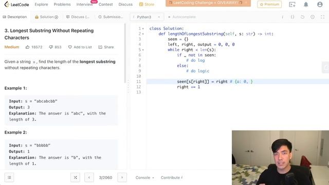 Longest Substring Sequence (Without Repeats) - Python3 Walkthrough & Solution смотреть онлайн