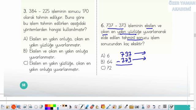 3.Sınıf Matematik Çıkarma Soru/Problem Çözümü (Çalışma Kitabı Sayfa 58.59, Konu Değerlendirme 8)
