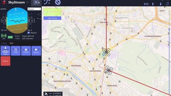Тестирование полета двух БПЛА в приложении SkyStream