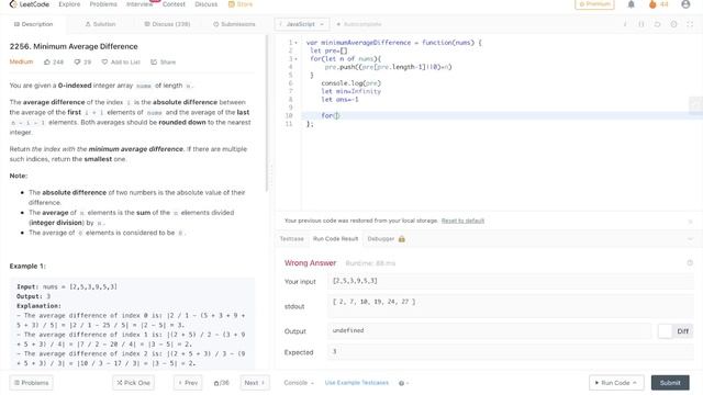 #Leetcode 2256. Minimum Average Difference | #javascript prefix sum смотреть онлайн