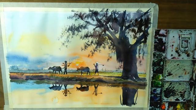 Watercolor Landscape Painting For  Beginners /Villege Sunset Scenery