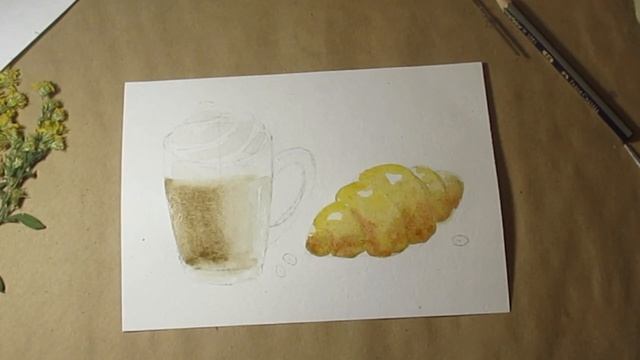 Кофе латте с круассаном акварель. Уроки рисования для новичков смотреть онлайн