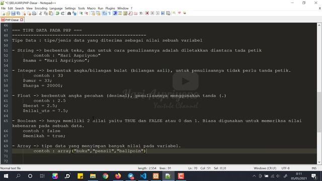 PHP Dasar Bag. 3 | Tipe Data Pada PHP | Mengecek Tipe Data Dengan Var_Dump di PHP смотреть онлайн