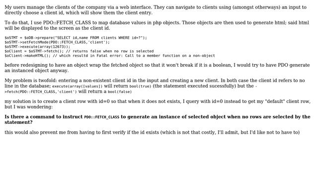 Having PDO::fetch(PDO::FETCH_CLASS) return a null-valued instance of the object instead of a... смотреть онлайн