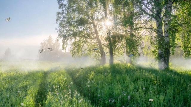 Красивые березки на рассвете и закате. Живое фото Футаж смотреть онлайн