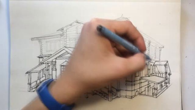 Архитектурный скетч дома. Традиционный русский стиль смотреть онлайн