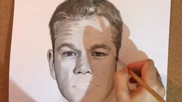 Как я рисую черно-белый портрет акварелью Мэт Дэймон/Matt Damon смотреть онлайн